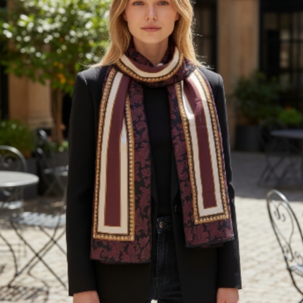 Adolfo Burgundy and Gold Patterned Scarf